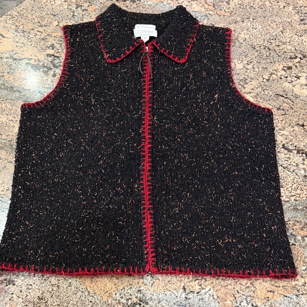 CJ Banks Black Tweed Knit Sleeveless Vest with Red Trim